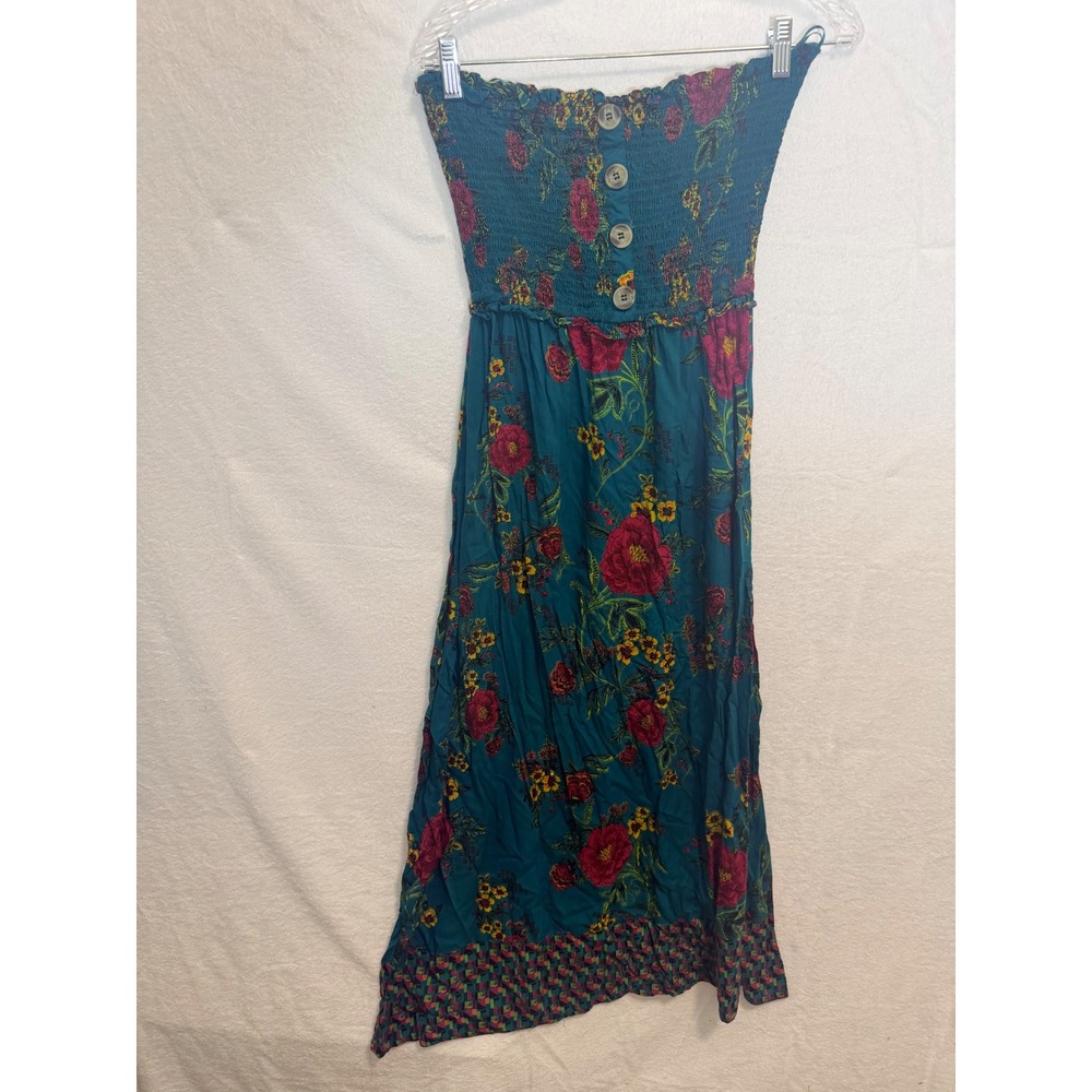 Angie Women Teal Blue Floral Smocked Strapless Maxi Dress Boho Rayon Size M